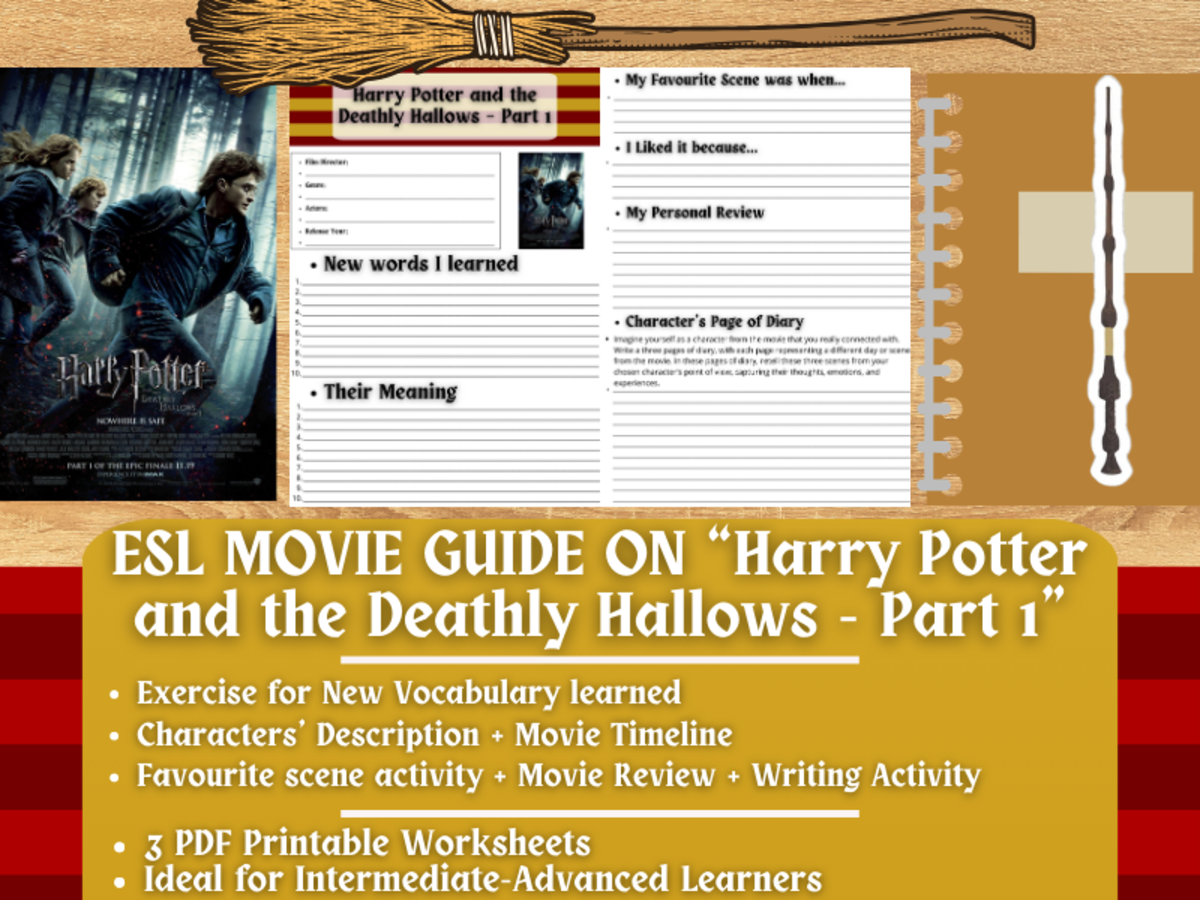 An educational teaching resource from Learning with Alan entitled ESL Movie Guide Worksheets - Harry Potter and the Deathly Hallows - 1 downloadable at Teach Simple.