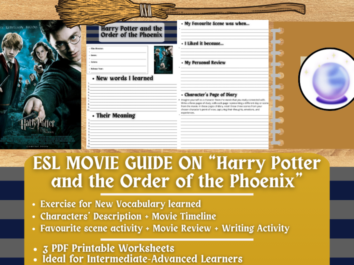 An educational teaching resource from Learning with Alan entitled ESL Movie Guide Worksheets - Harry Potter and the Order of the Phoenix downloadable at Teach Simple.