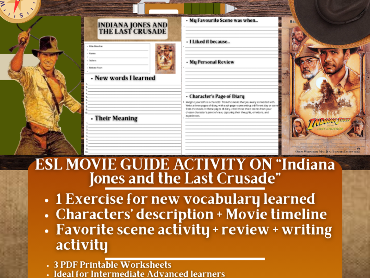 An educational teaching resource from Learning with Alan entitled ESL Movie Guide Worksheets - Indiana Jones and the Last Crusade downloadable at Teach Simple.