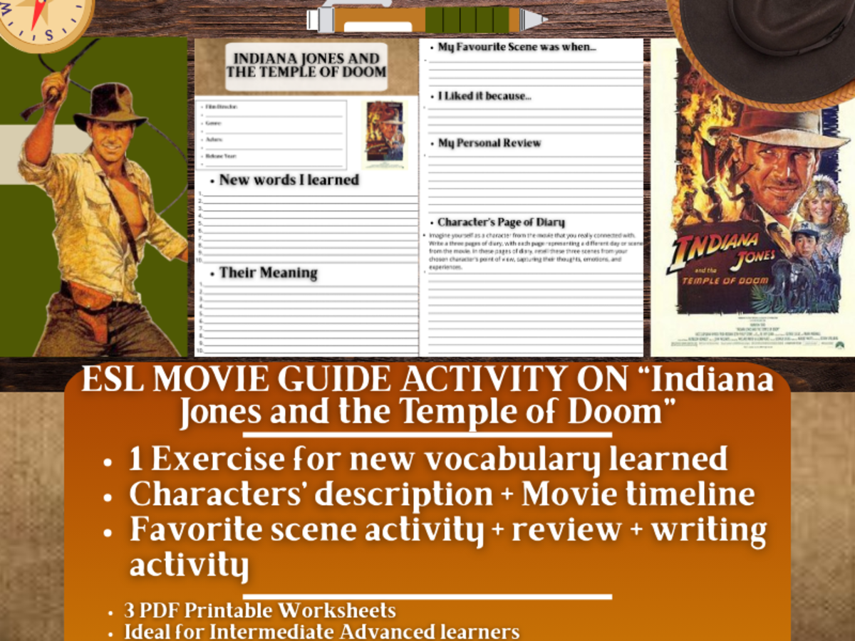 An educational teaching resource from Learning with Alan entitled ESL Movie Guide Worksheets - Indiana Jones and the Temple of Doom downloadable at Teach Simple.