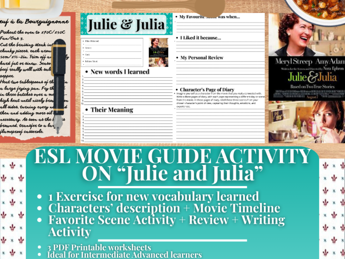 An educational teaching resource from Learning with Alan entitled ESL Movie Guide Worksheets - Julie and Julia downloadable at Teach Simple.