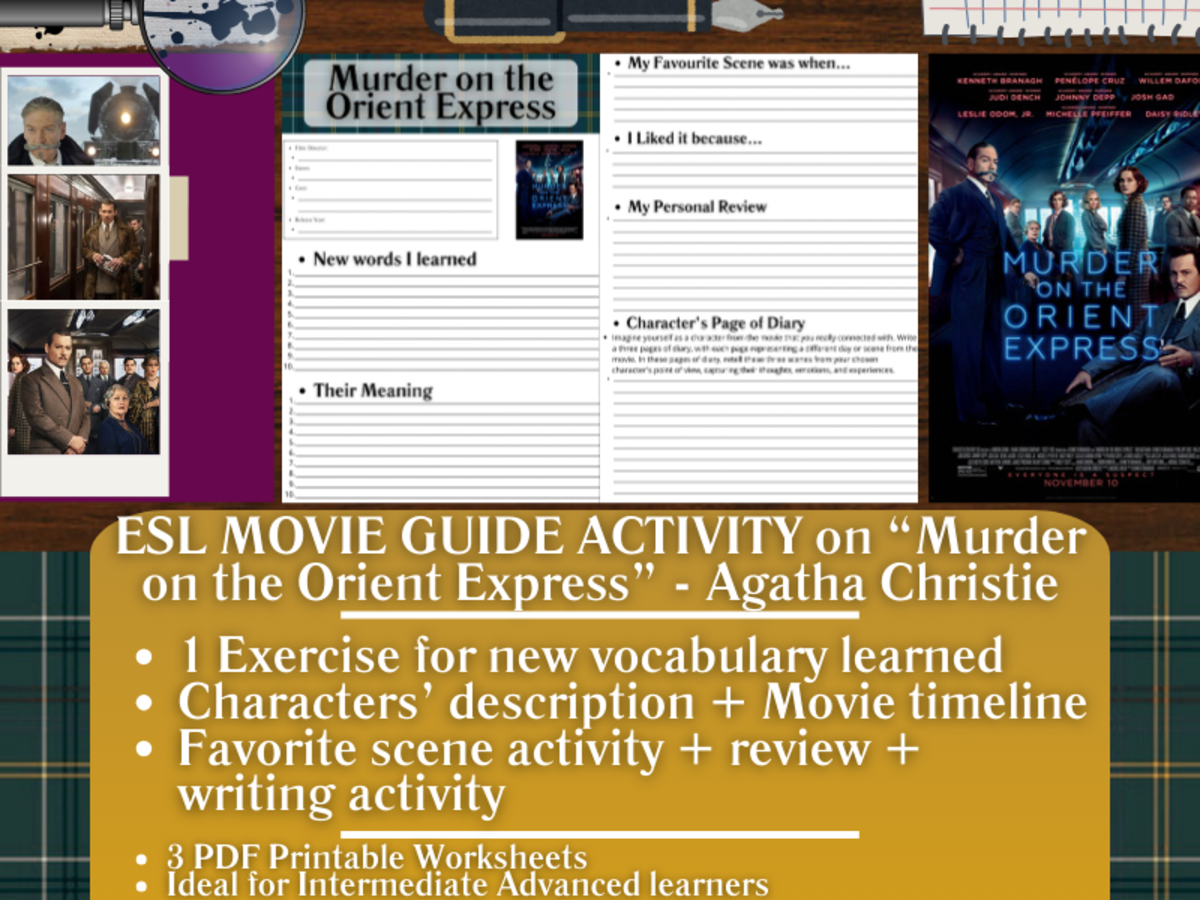 An educational teaching resource from Learning with Alan entitled ESL Movie Guide Worksheets - Murder on the Orient Express downloadable at Teach Simple.