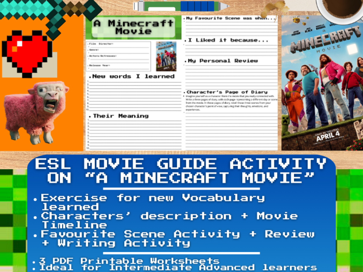 An educational teaching resource from Learning with Alan entitled ESL Movie Guide Worksheets on "A Minecraft Movie" downloadable at Teach Simple.