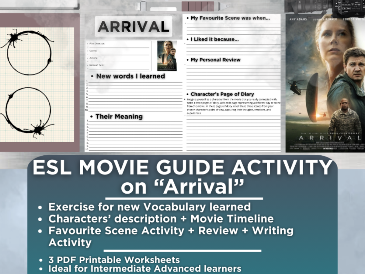 An educational teaching resource from Learning with Alan entitled ESL Movie Guide Worksheets on "Arrival" - Science Fiction downloadable at Teach Simple.