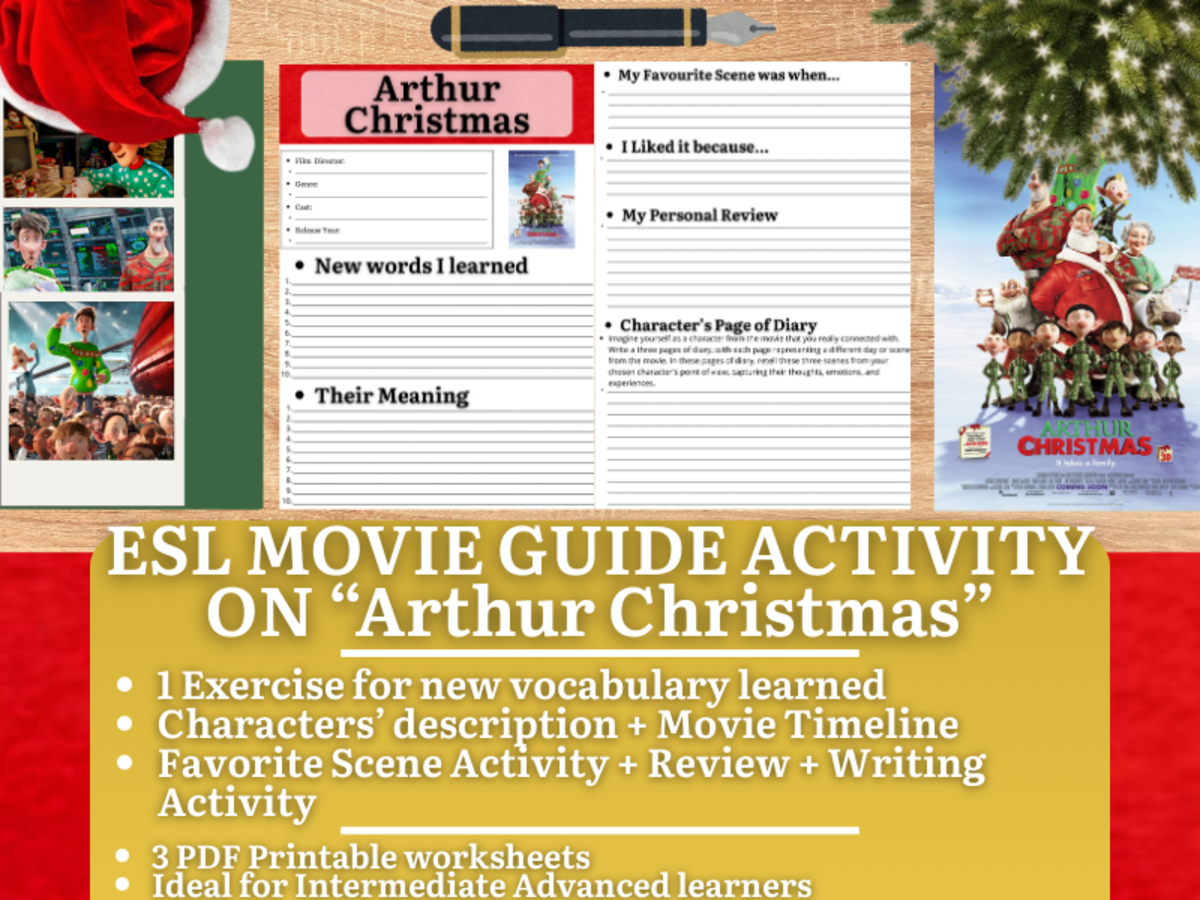 An educational teaching resource from Learning with Alan entitled ESL Movie Guide Worksheets on "Arthur Christmas" downloadable at Teach Simple.