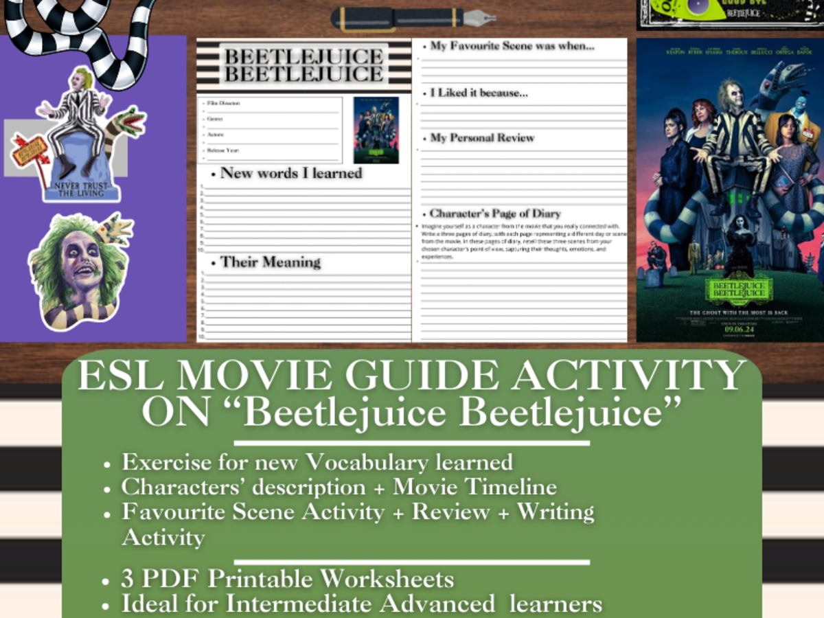 An educational teaching resource from Learning with Alan entitled ESL Movie Guide Worksheets on "Beetlejuice Beetlejuice" downloadable at Teach Simple.