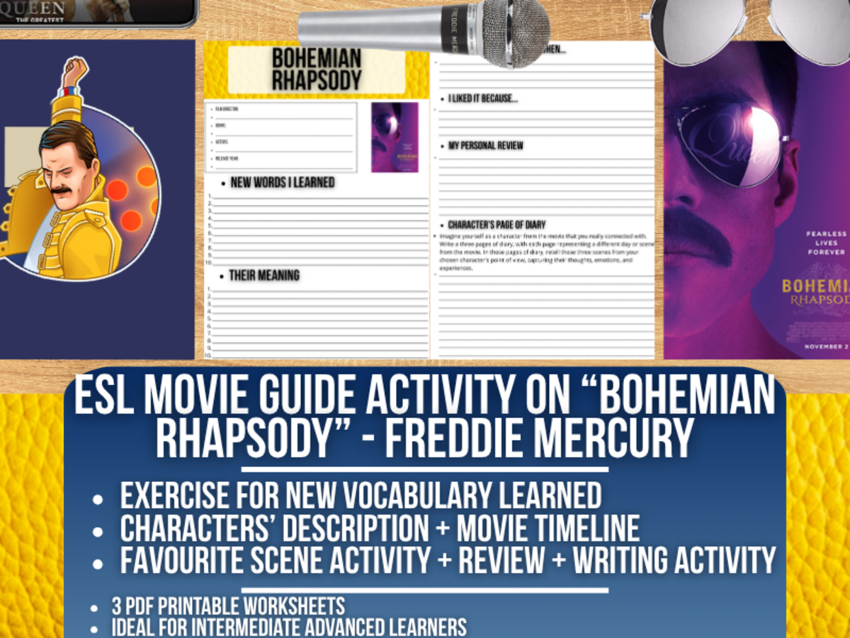 An educational teaching resource from Learning with Alan entitled ESL Movie Guide Worksheets on "Bohemian Rhapsody" - Freddie Mercury downloadable at Teach Simple.