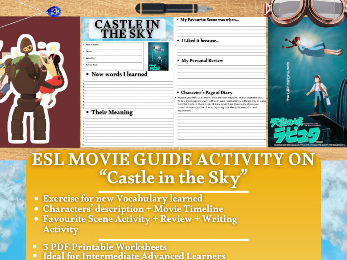 An educational teaching resource from Learning with Alan entitled ESL Movie Guide Worksheets on "Castle in the Sky" - Studio Ghibli downloadable at Teach Simple.