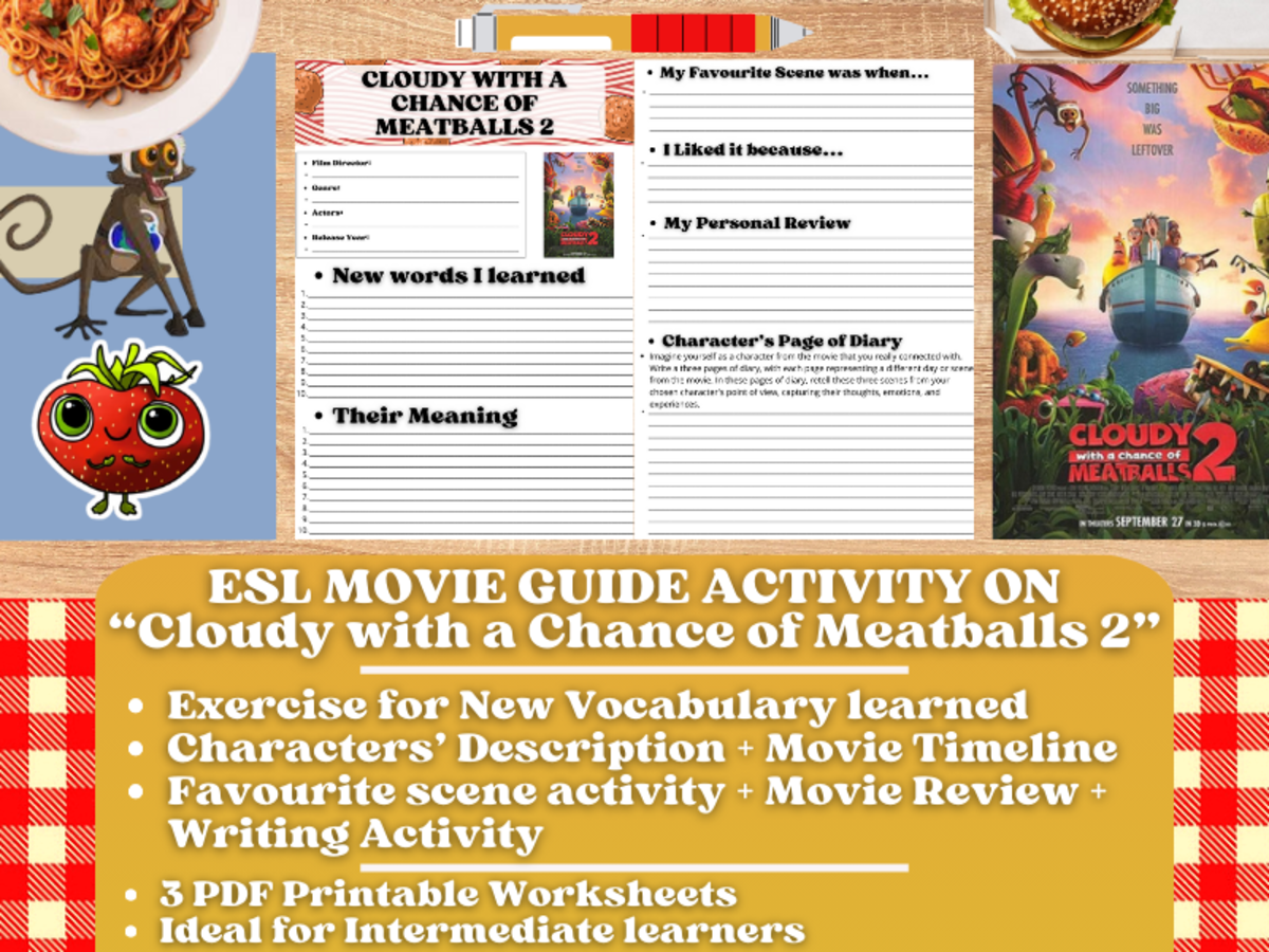 An educational teaching resource from Learning with Alan entitled ESL Movie Guide Worksheets on "Cloudy with a Chance of Meatballs 2" downloadable at Teach Simple.