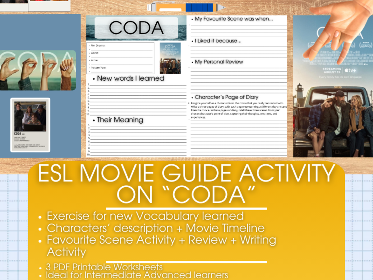 An educational teaching resource from Learning with Alan entitled ESL Movie Guide Worksheets on "CODA" downloadable at Teach Simple.