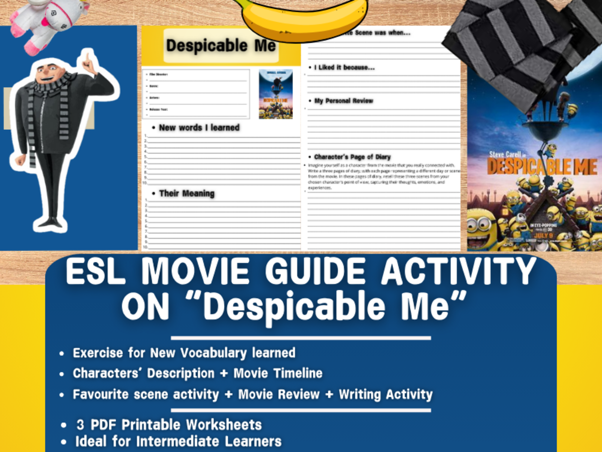 An educational teaching resource from Learning with Alan entitled ESL Movie Guide Worksheets on "Despicable Me" downloadable at Teach Simple.