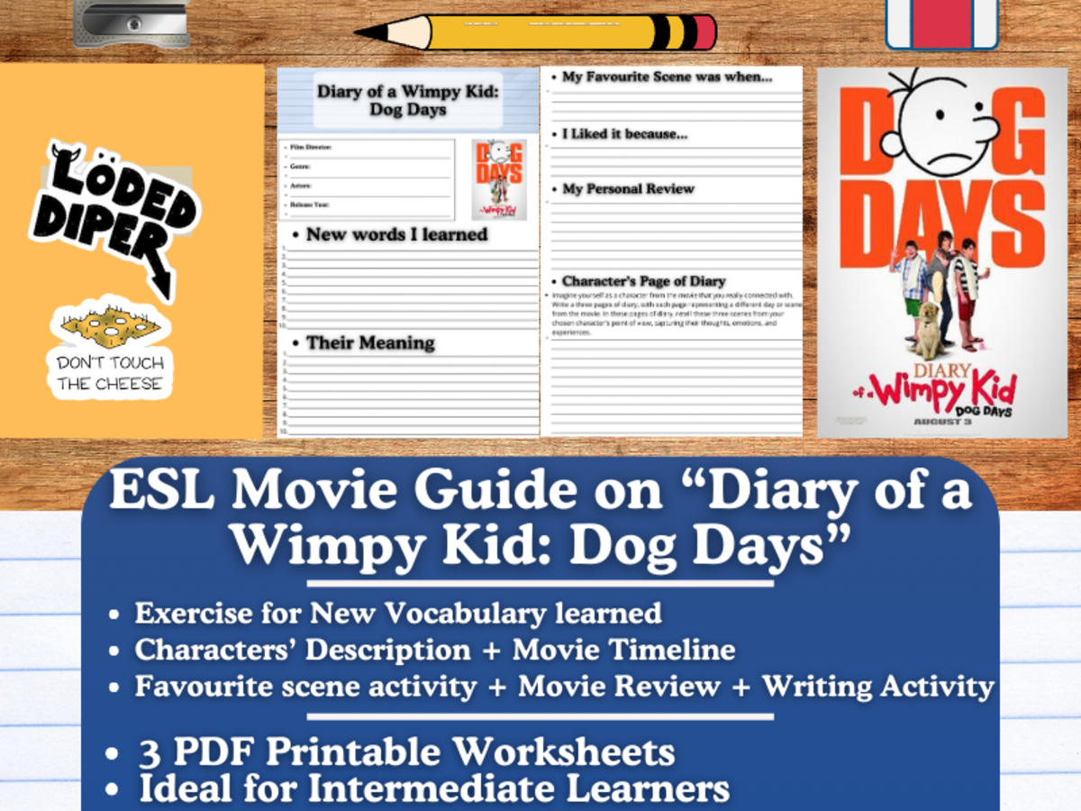 An educational teaching resource from Learning with Alan entitled ESL Movie Guide Worksheets on "Diary of a Wimpy Kid: Dog Days" downloadable at Teach Simple.