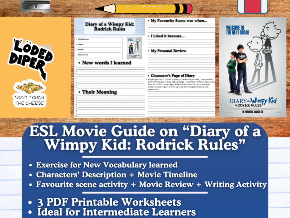 An educational teaching resource from Learning with Alan entitled ESL Movie Guide Worksheets on "Diary of a Wimpy Kid: Rodrick Rules" downloadable at Teach Simple.