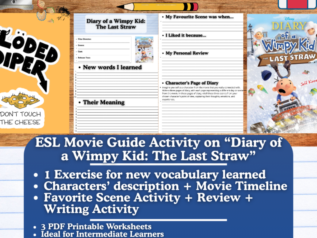 An educational teaching resource from Learning with Alan entitled ESL Movie Guide Worksheets on "Diary of a Wimpy Kid: The Last Straw" downloadable at Teach Simple.