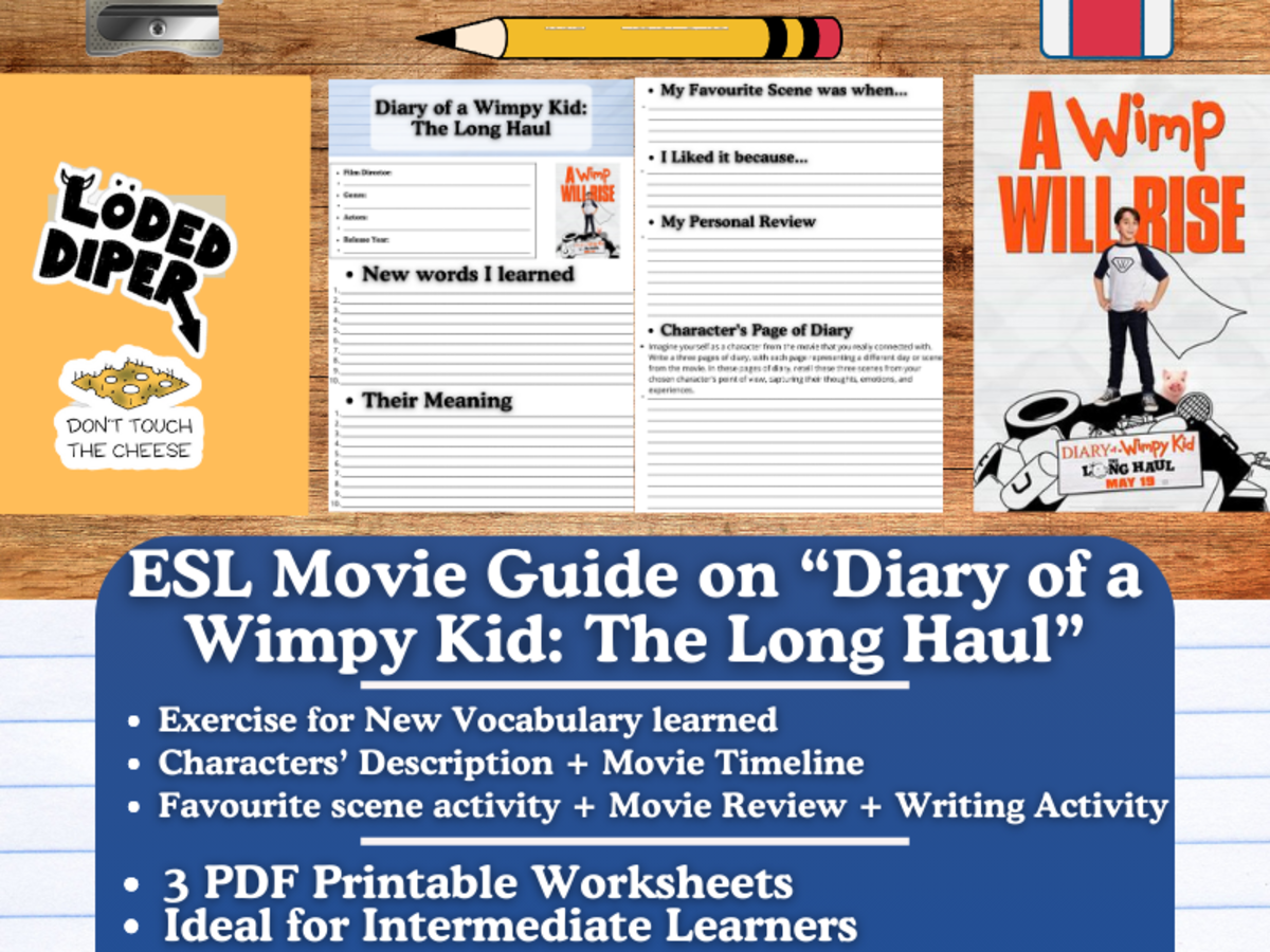 An educational teaching resource from Learning with Alan entitled ESL Movie Guide Worksheets on "Diary of a Wimpy Kid: The Long Haul" downloadable at Teach Simple.