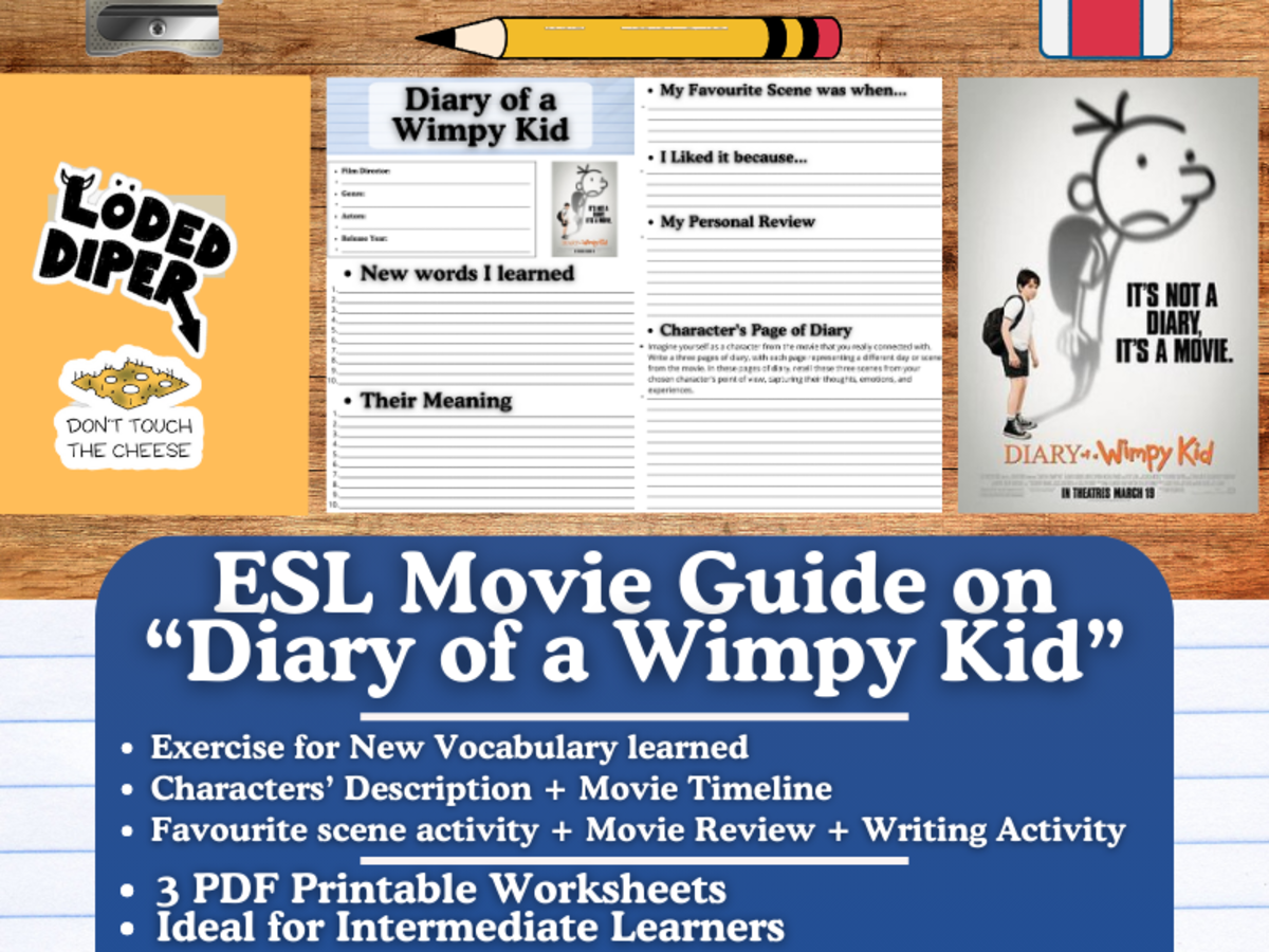 An educational teaching resource from Learning with Alan entitled ESL Movie Guide Worksheets on "Diary of a Wimpy Kid" downloadable at Teach Simple.