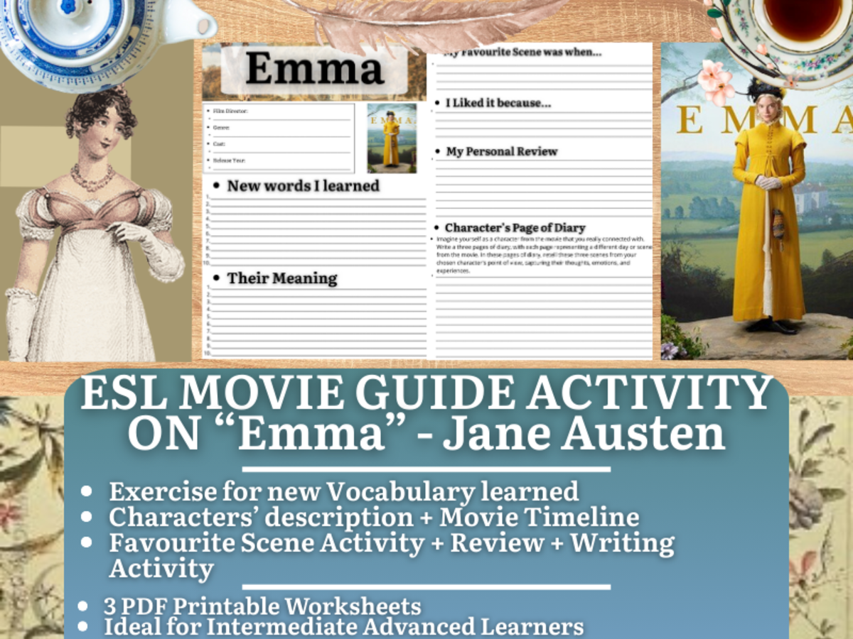 An educational teaching resource from Learning with Alan entitled ESL Movie Guide Worksheets on "Emma" - Jane Austen downloadable at Teach Simple.