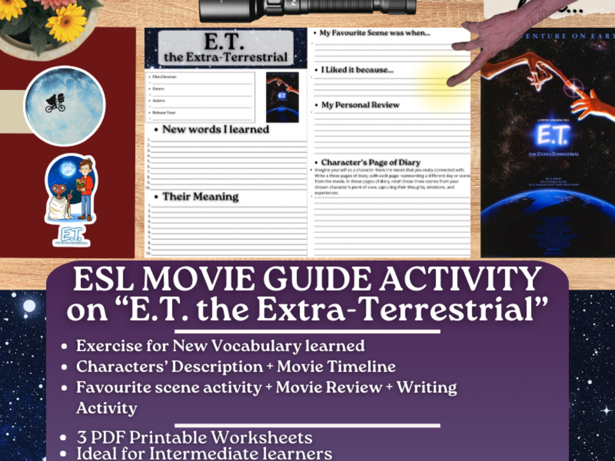An educational teaching resource from Learning with Alan entitled ESL Movie Guide Worksheets on "E.T. the Extra-Terrestrial" downloadable at Teach Simple.
