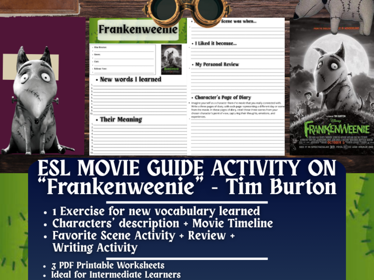 An educational teaching resource from Learning with Alan entitled ESL Movie Guide Worksheets on "Frankenweenie" - Tim Burton downloadable at Teach Simple.