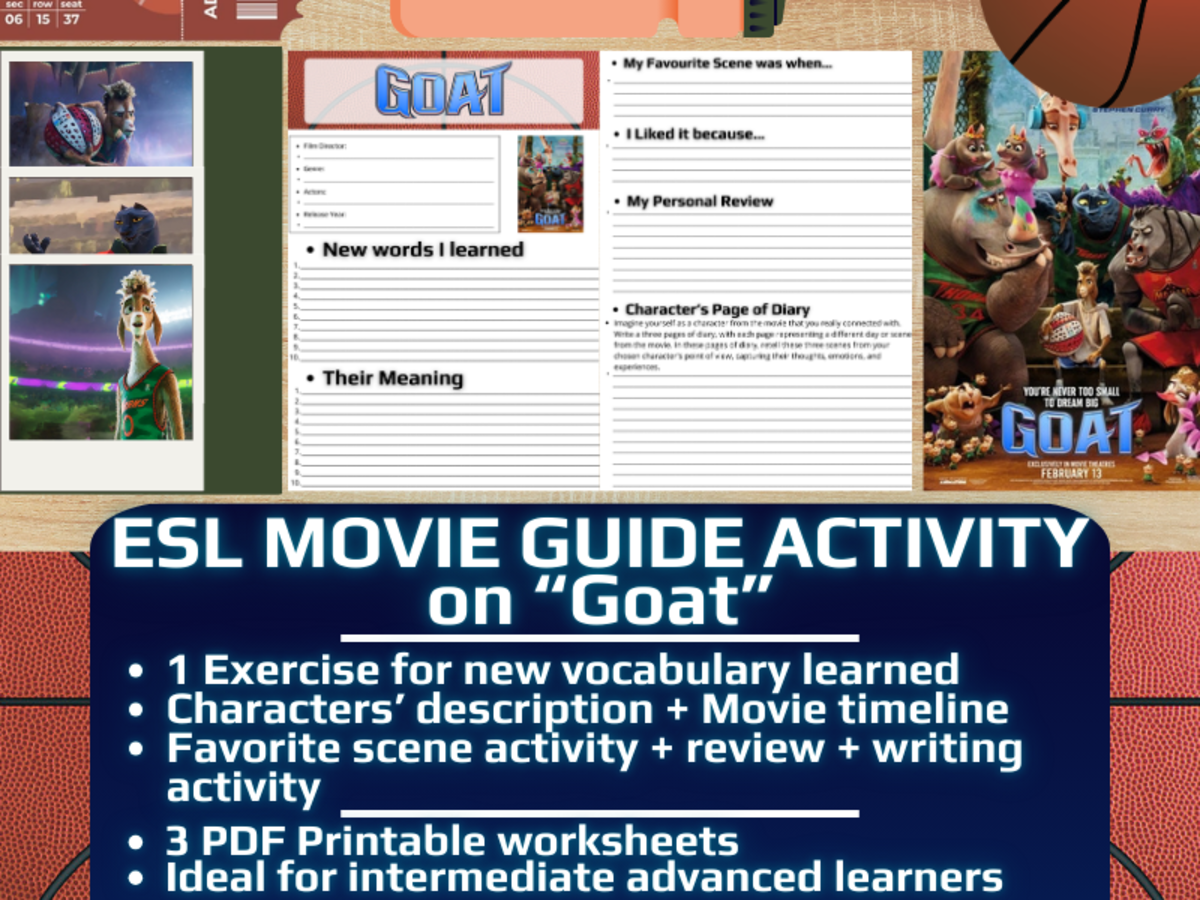 An educational teaching resource from Learning with Alan entitled ESL Movie Guide Worksheets on "Goat" - Sports Animated Film downloadable at Teach Simple.