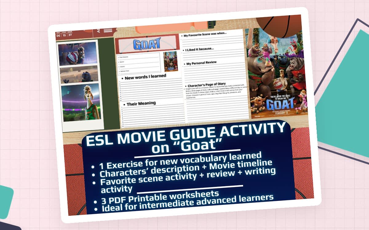 An educational teaching resource from Learning with Alan entitled ESL Movie Guide Worksheets on "Goat" - Sports Animated Film downloadable at Teach Simple.