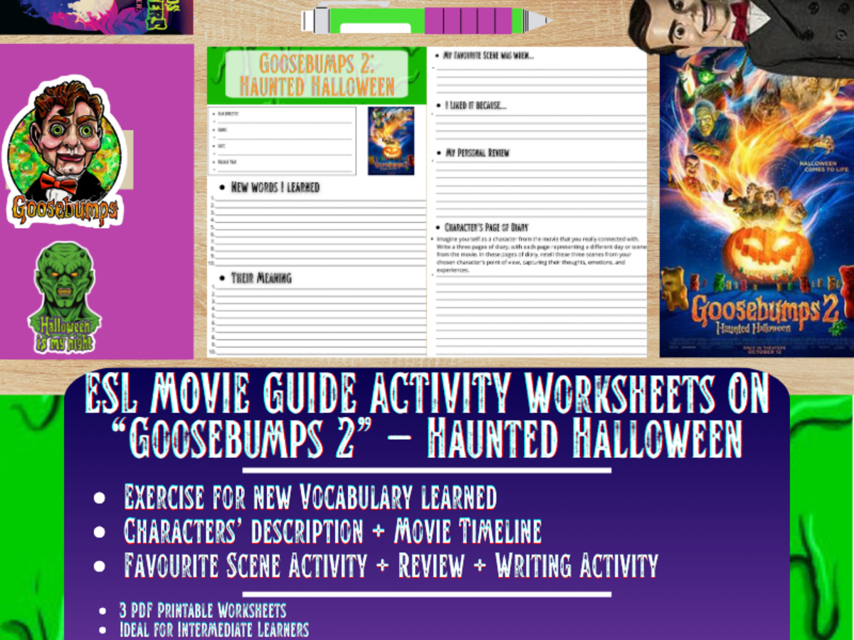 An educational teaching resource from Learning with Alan entitled ESL Movie Guide Worksheets on "Goosebumps 2: Haunted Halloween" downloadable at Teach Simple.