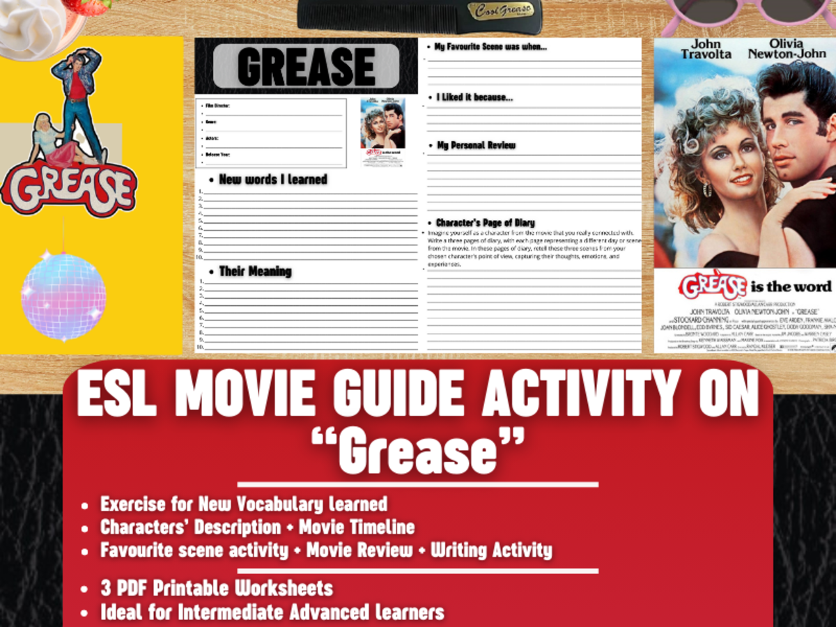An educational teaching resource from Learning with Alan entitled ESL Movie Guide Worksheets on "Grease" downloadable at Teach Simple.