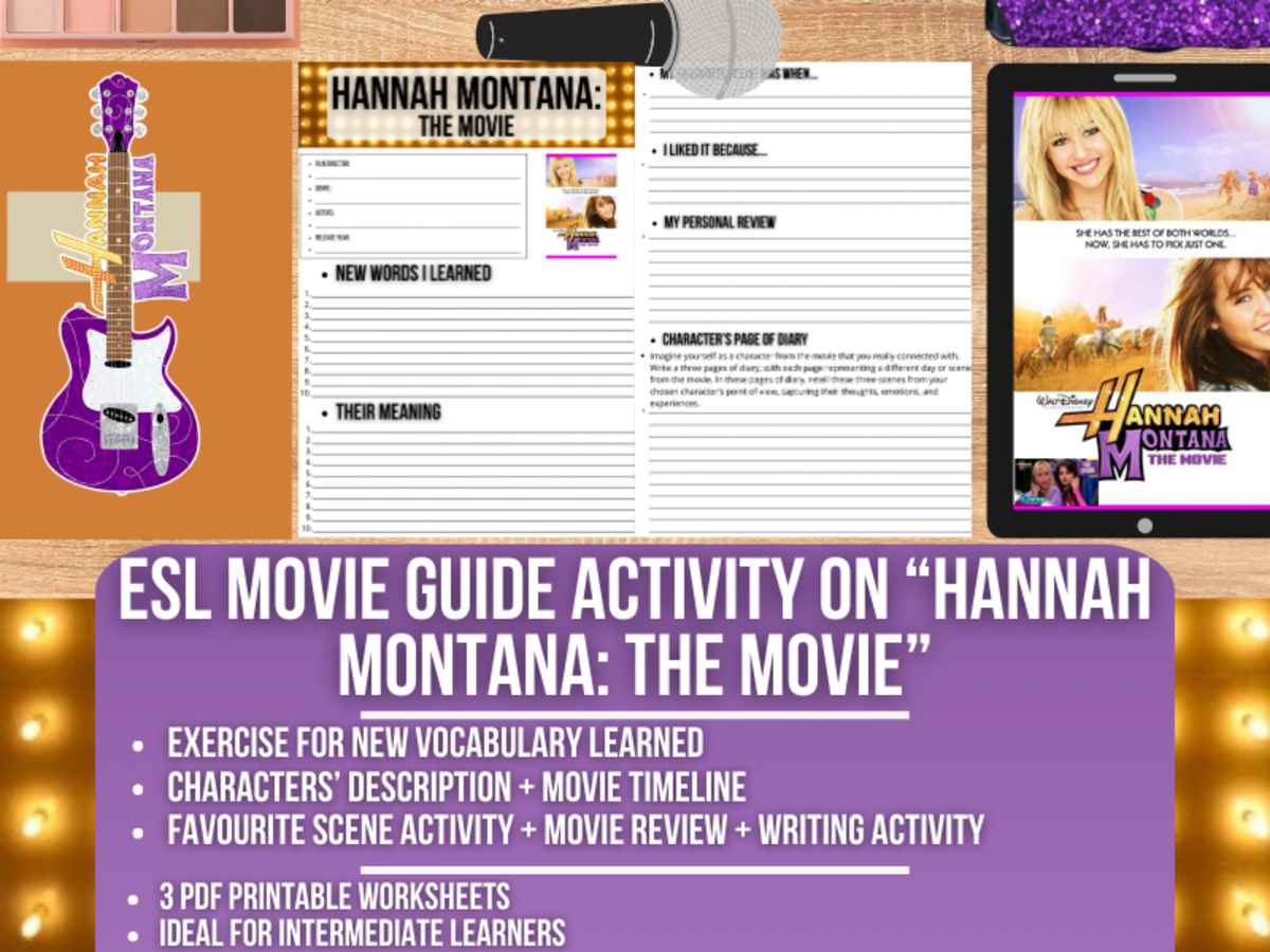 An educational teaching resource from Learning with Alan entitled ESL Movie Guide Worksheets on "Hannah Montana: The Movie" downloadable at Teach Simple.