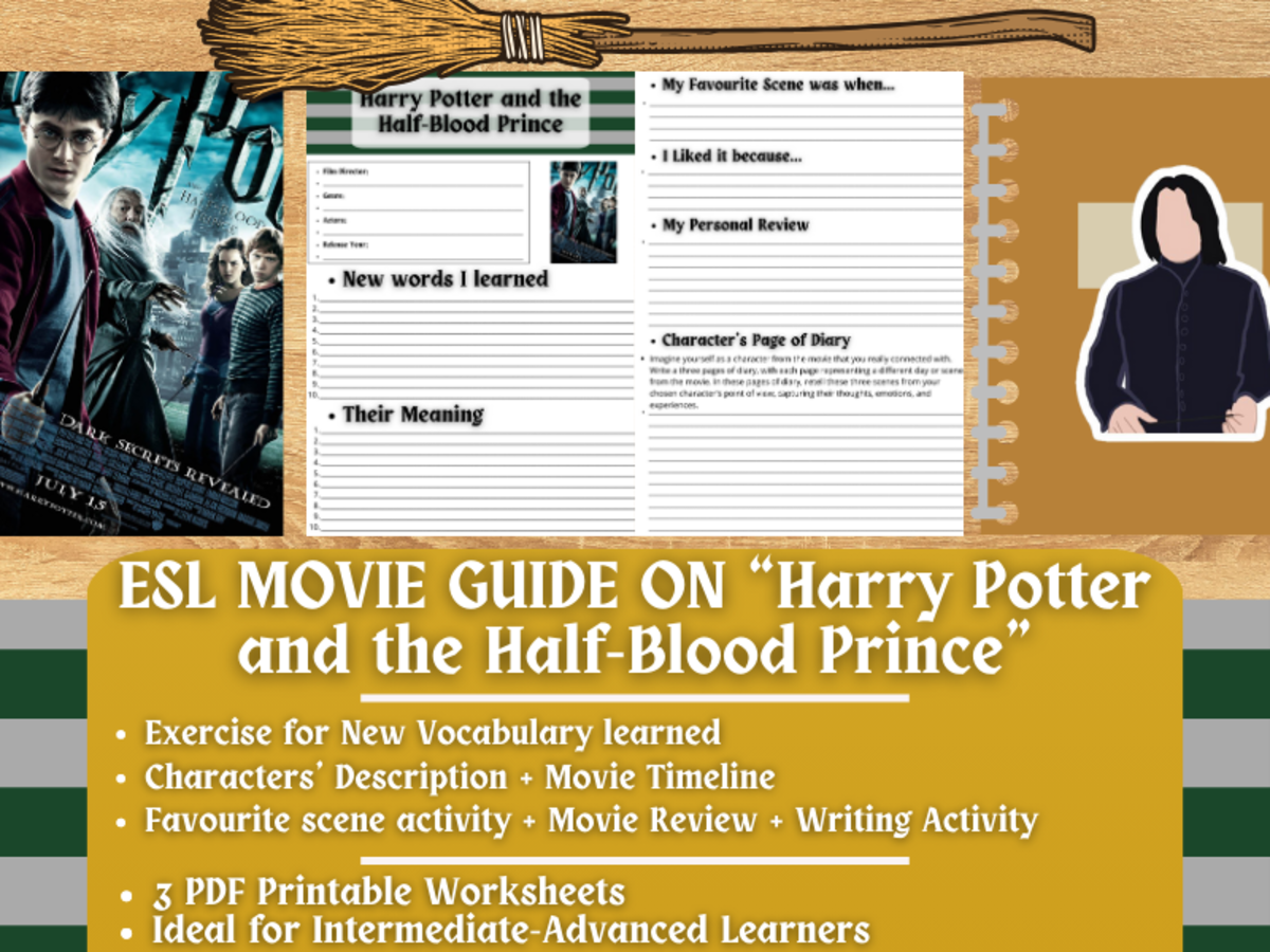 An educational teaching resource from Learning with Alan entitled ESL Movie Guide Worksheets on "Harry Potter and the Half-Blood Prince" downloadable at Teach Simple.