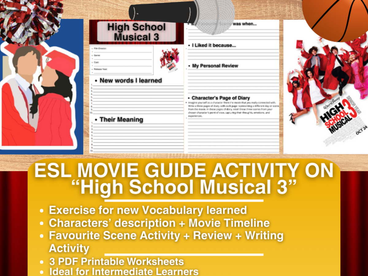 An educational teaching resource from Learning with Alan entitled ESL Movie Guide Worksheets on High School Musical 3 downloadable at Teach Simple.