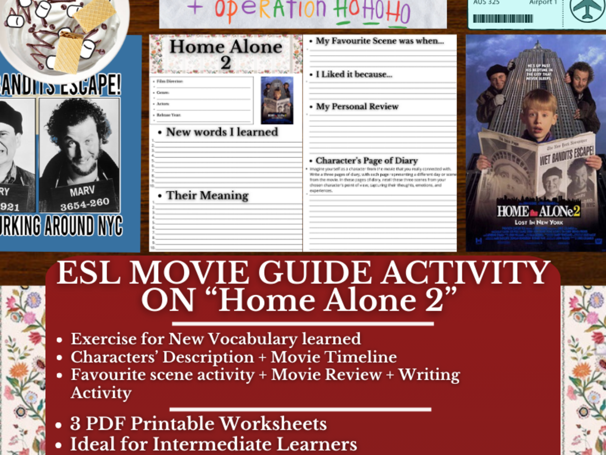 An educational teaching resource from Learning with Alan entitled ESL Movie Guide Worksheets on "Home Alone 2" - Christmas Film downloadable at Teach Simple.