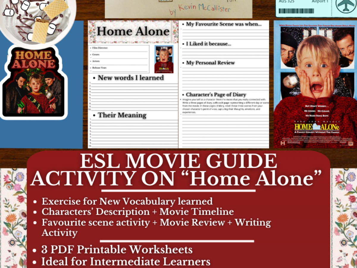 An educational teaching resource from Learning with Alan entitled ESL Movie Guide Worksheets on "Home Alone" - Christmas Film downloadable at Teach Simple.