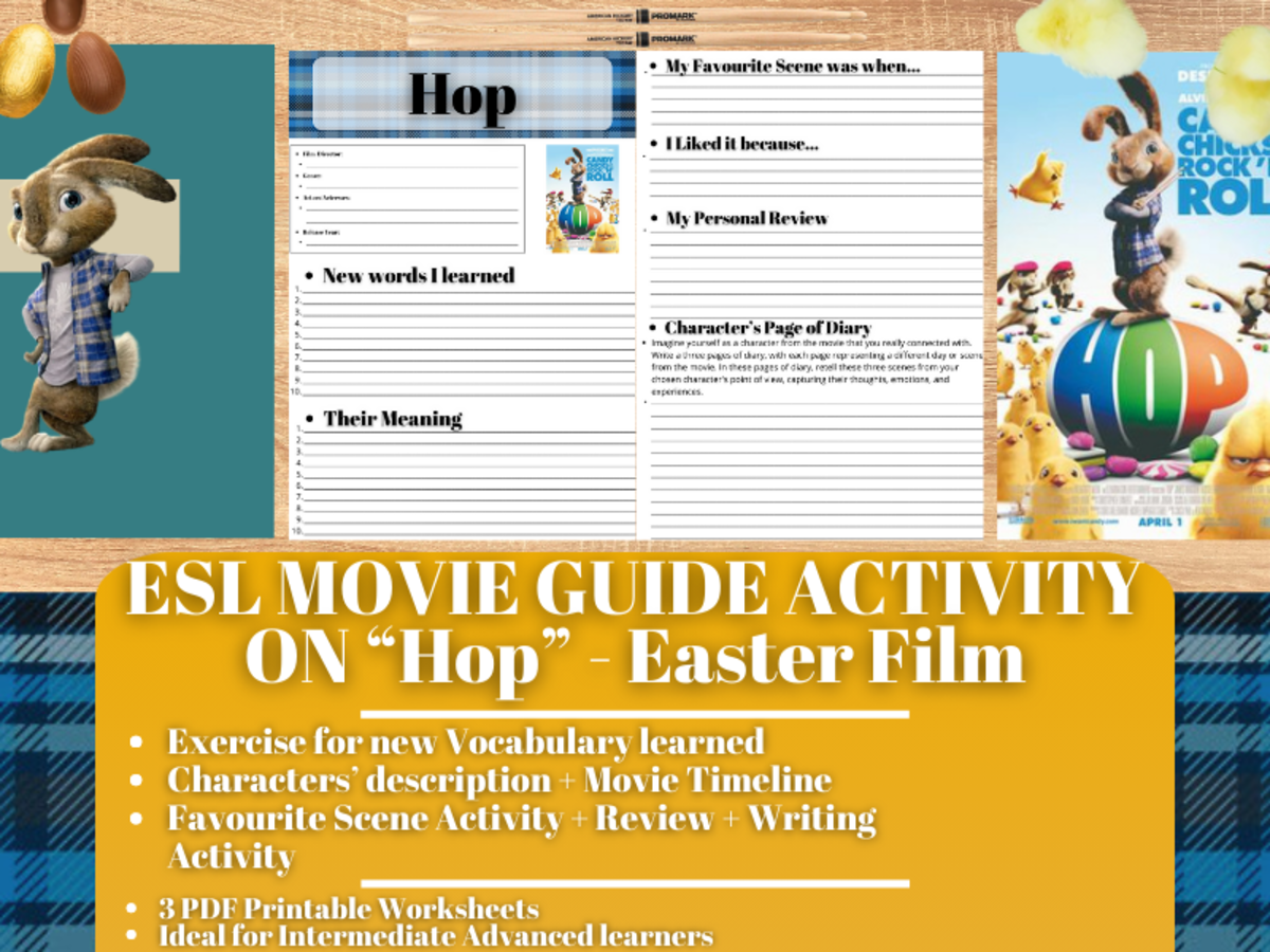 An educational teaching resource from Learning with Alan entitled ESL Movie Guide Worksheets on "Hop" - Easter Film downloadable at Teach Simple.