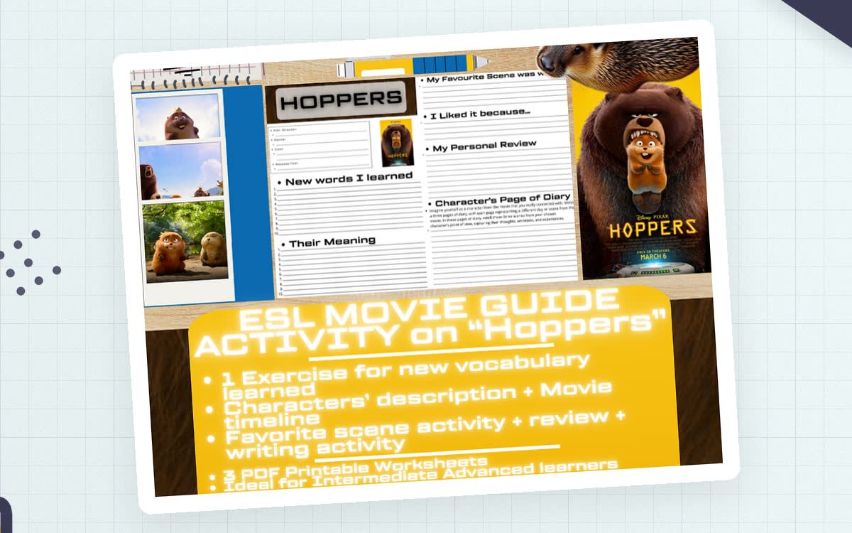 An educational teaching resource from Learning with Alan entitled ESL Movie Guide Worksheets on Hoppers downloadable at Teach Simple.