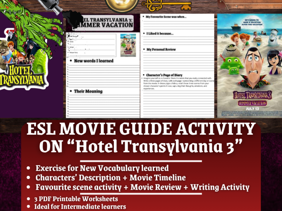 An educational teaching resource from Learning with Alan entitled ESL Movie Guide Worksheets on "Hotel Transylvania 3: Summer Vacation" downloadable at Teach Simple.