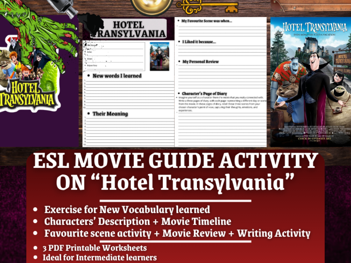 An educational teaching resource from Learning with Alan entitled ESL Movie Guide Worksheets on "Hotel Transylvania" downloadable at Teach Simple.