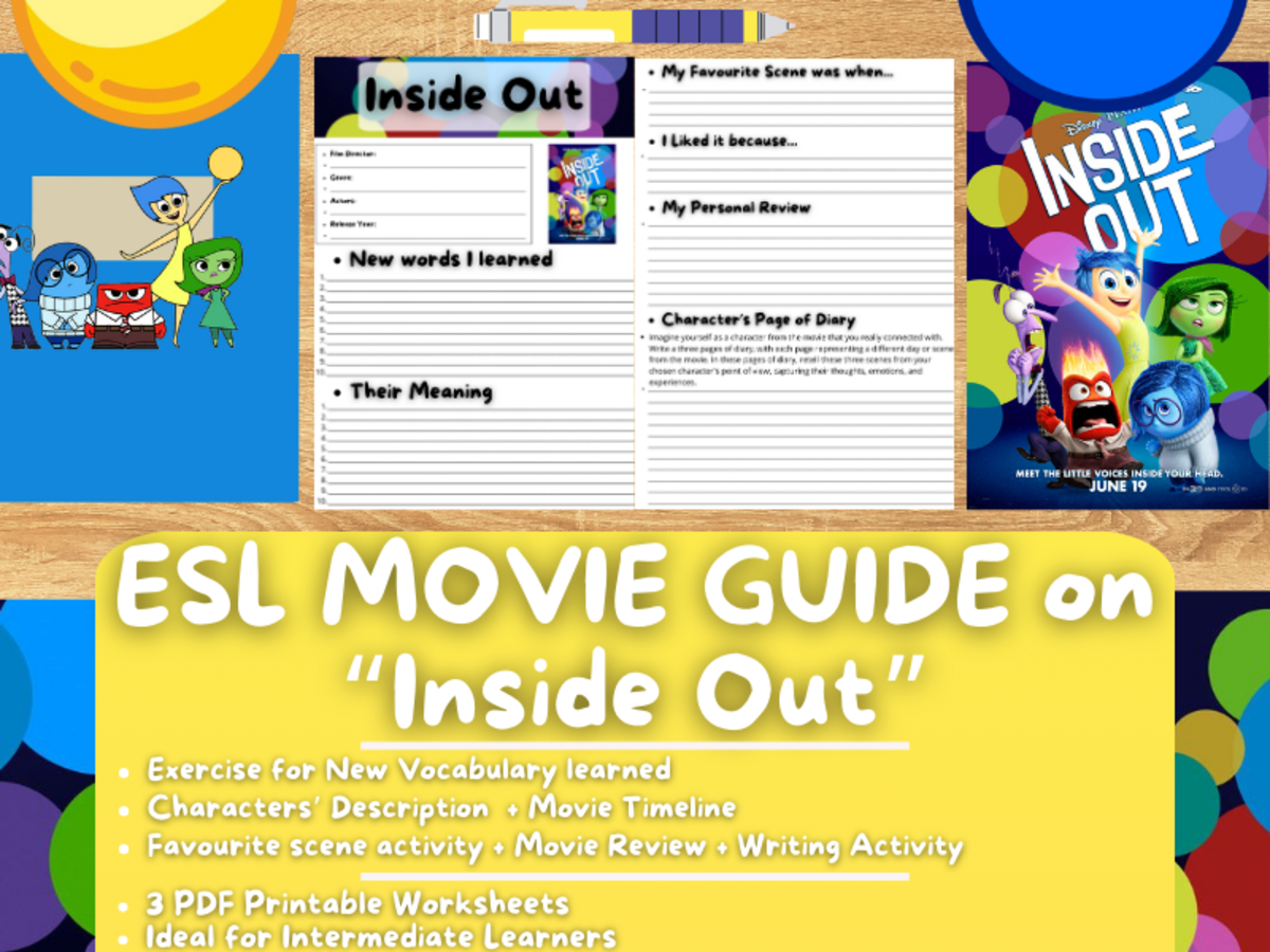 An educational teaching resource from Learning with Alan entitled ESL Movie Guide Worksheets on Inside Out downloadable at Teach Simple.