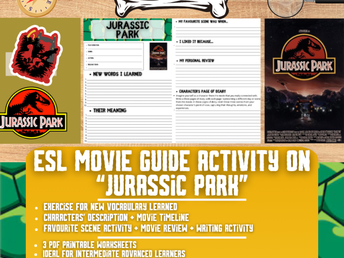 An educational teaching resource from Learning with Alan entitled ESL Movie Guide Worksheets on "Jurassic Park" downloadable at Teach Simple.
