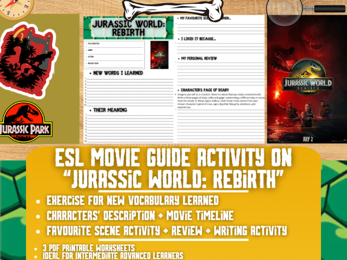 An educational teaching resource from Learning with Alan entitled ESL Movie Guide Worksheets on "Jurassic World: Rebirth" downloadable at Teach Simple.