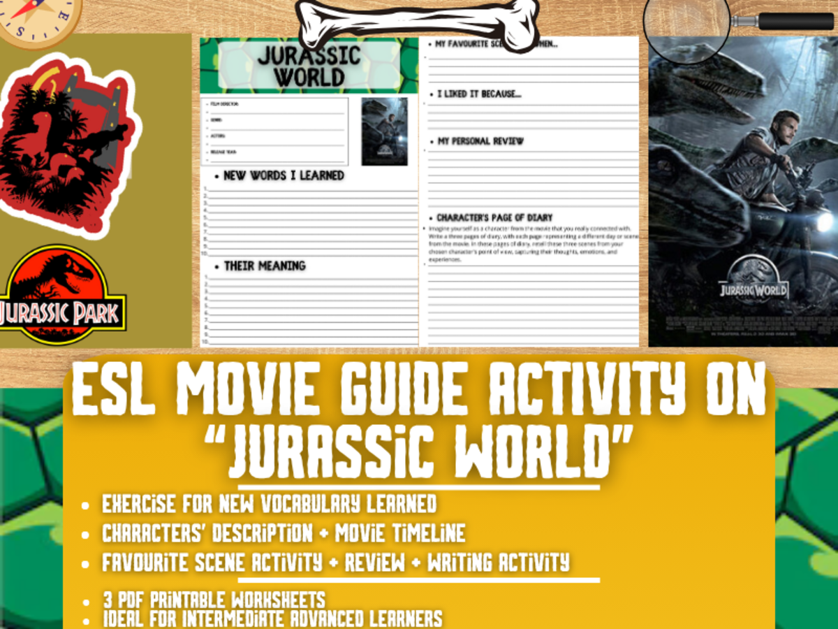 An educational teaching resource from Learning with Alan entitled ESL Movie Guide Worksheets on "Jurassic World" downloadable at Teach Simple.