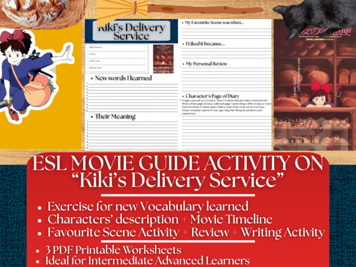 An educational teaching resource from Learning with Alan entitled ESL Movie Guide Worksheets on Kiki's Delivery Service - Studio Ghibli downloadable at Teach Simple.