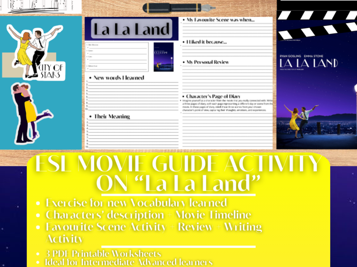 An educational teaching resource from Learning with Alan entitled ESL Movie Guide Worksheets on "La La Land" downloadable at Teach Simple.
