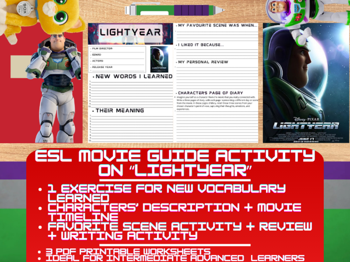 An educational teaching resource from Learning with Alan entitled ESL Movie Guide Worksheets on Lightyear downloadable at Teach Simple.