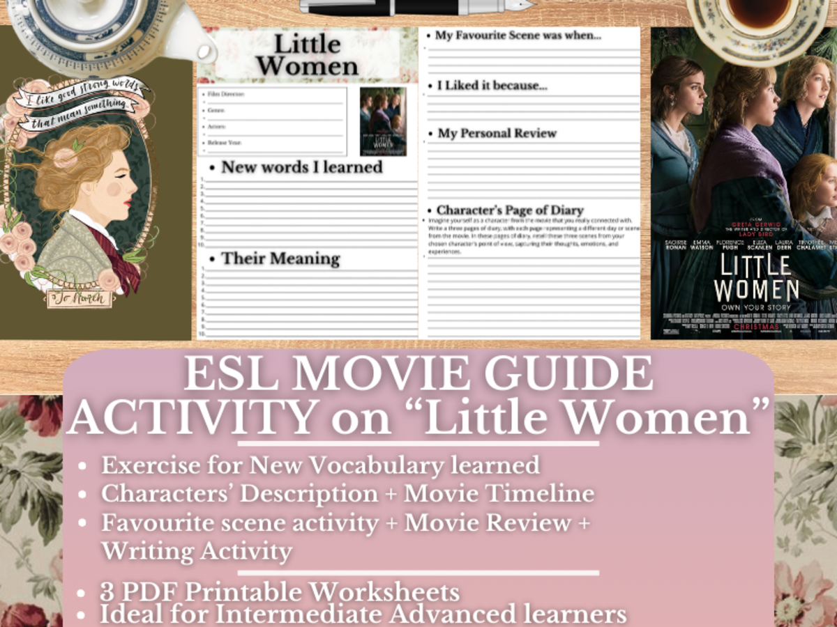 An educational teaching resource from Learning with Alan entitled ESL Movie Guide Worksheets on "Little Women" downloadable at Teach Simple.
