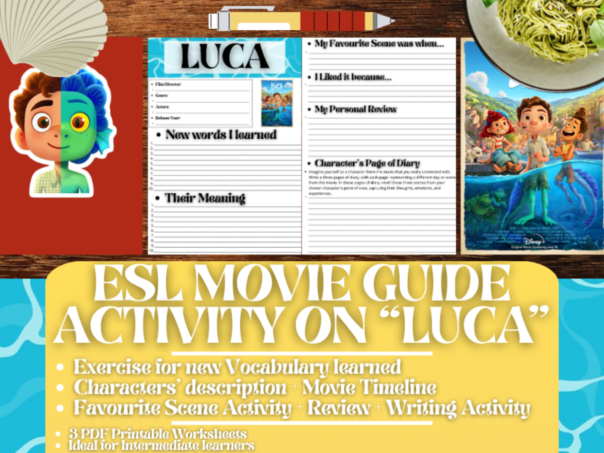 An educational teaching resource from Learning with Alan entitled ESL Movie Guide Worksheets on "Luca" - Animated Film downloadable at Teach Simple.