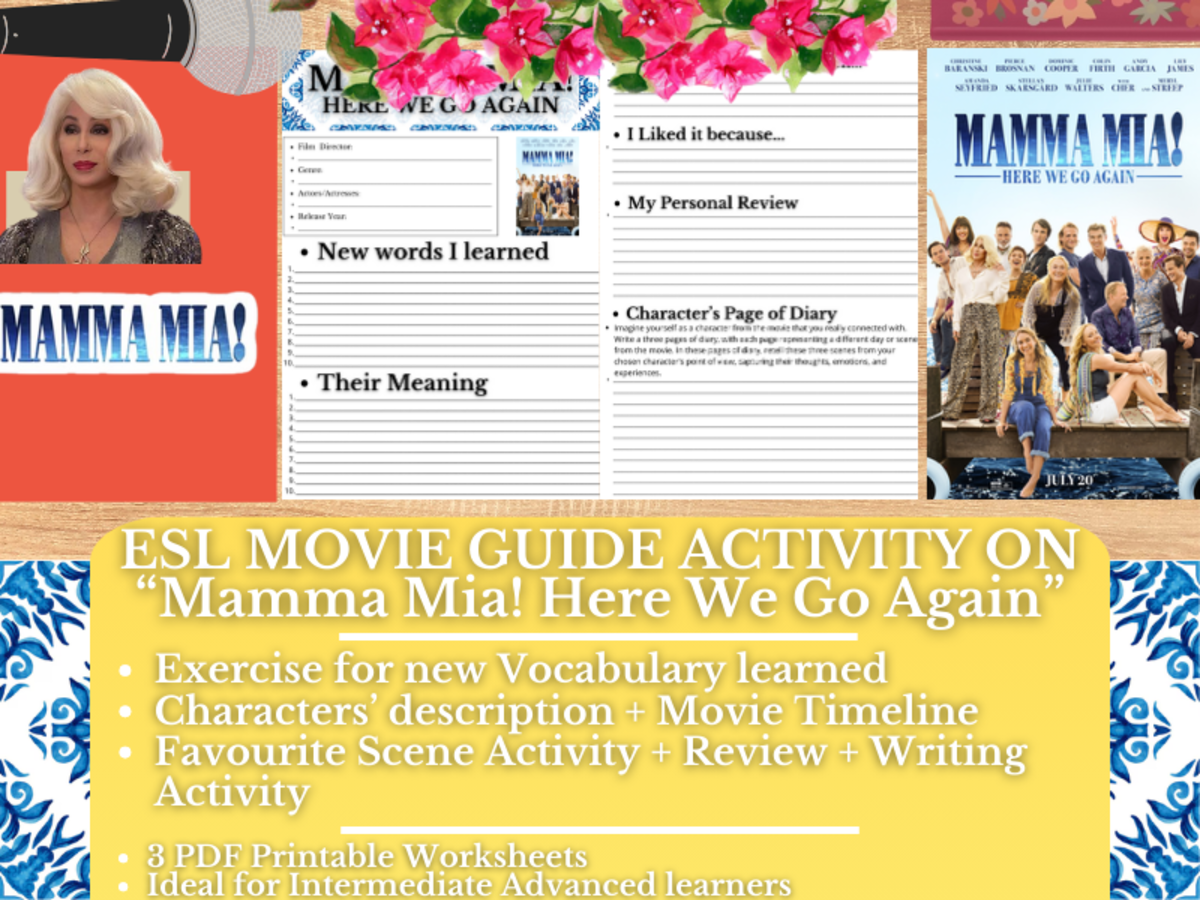 An educational teaching resource from Learning with Alan entitled ESL Movie Guide Worksheets on "Mamma Mia! Here We Go Again" downloadable at Teach Simple.