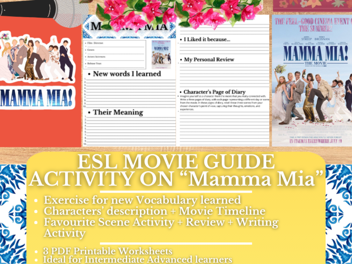 An educational teaching resource from Learning with Alan entitled ESL Movie Guide Worksheets on "Mamma Mia" downloadable at Teach Simple.