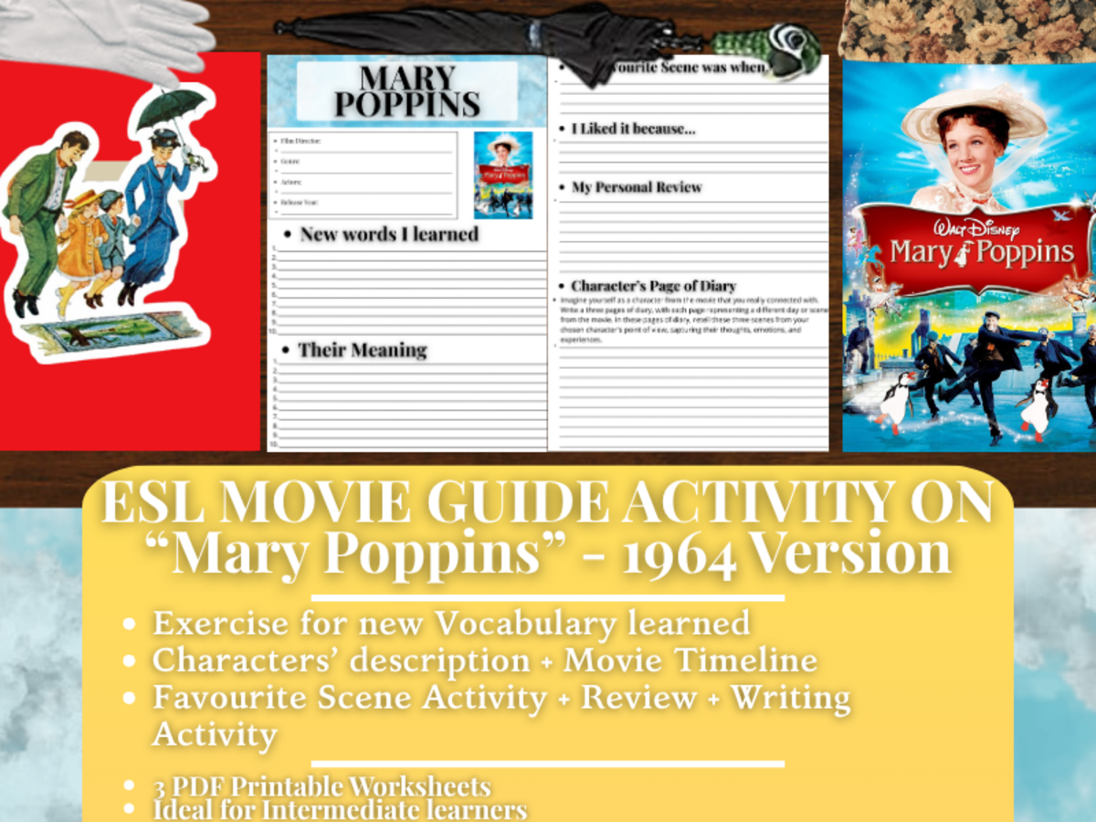 An educational teaching resource from Learning with Alan entitled ESL Movie Guide Worksheets on "Mary Poppins" - 1964 Film downloadable at Teach Simple.