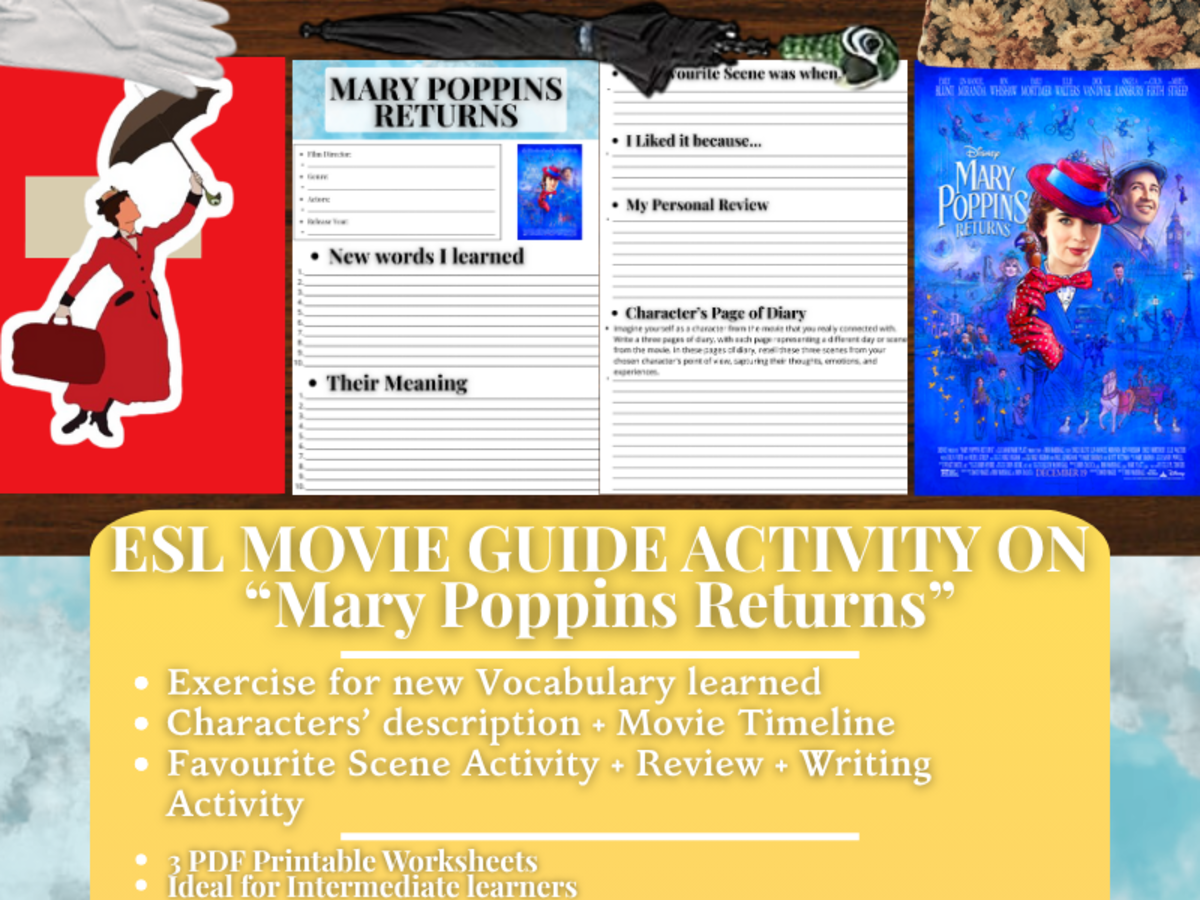 An educational teaching resource from Learning with Alan entitled ESL Movie Guide Worksheets on "Mary Poppins Returns" - 2018 Sequel downloadable at Teach Simple.