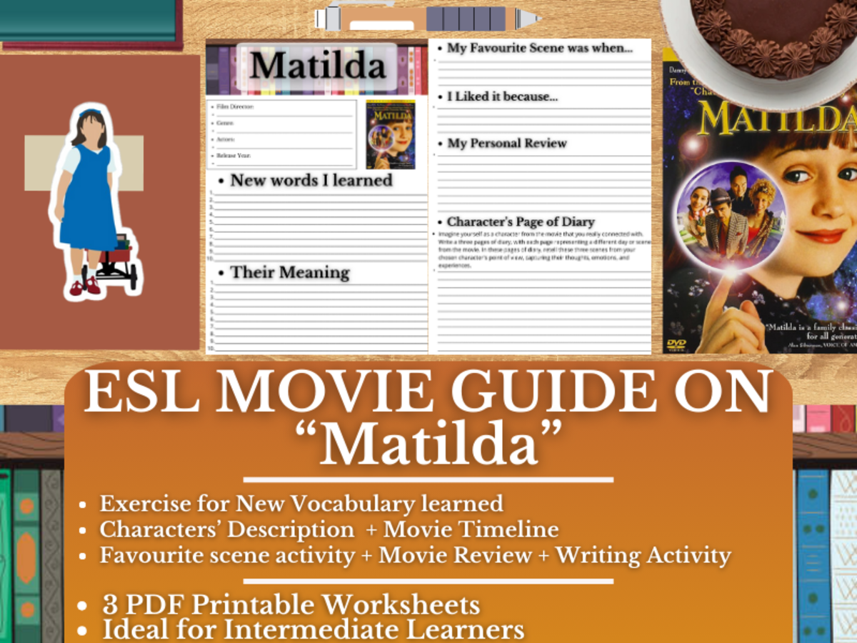 An educational teaching resource from Learning with Alan entitled ESL Movie Guide Worksheets on Matilda downloadable at Teach Simple.